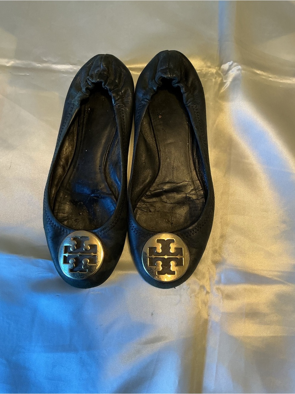 Tory Burch Black Leather Logo Ballet Flats with Gold Medallions